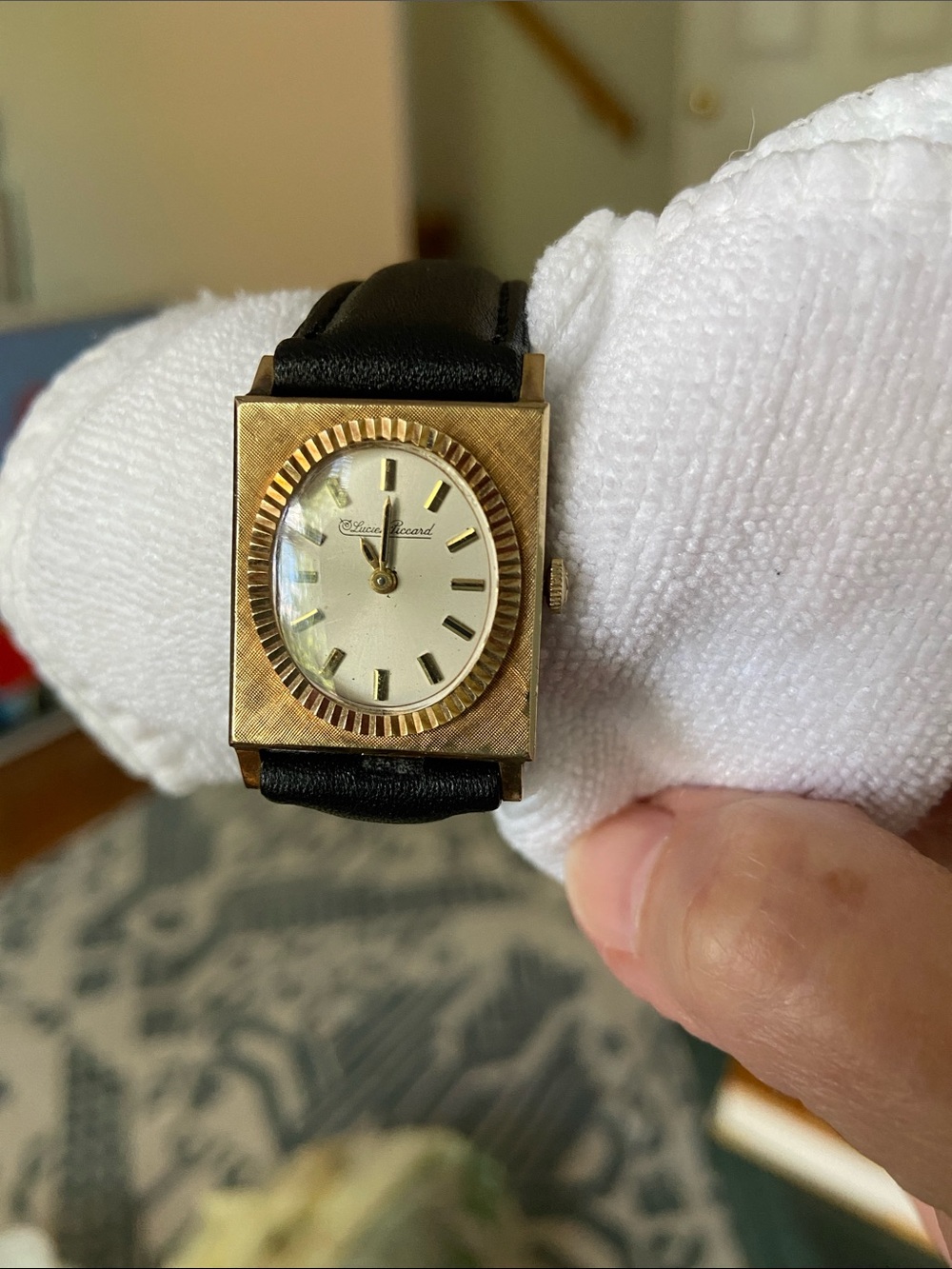 Lucien  Piccard 10k Gold  Rectangular mechanical watch , Black leather Strap
